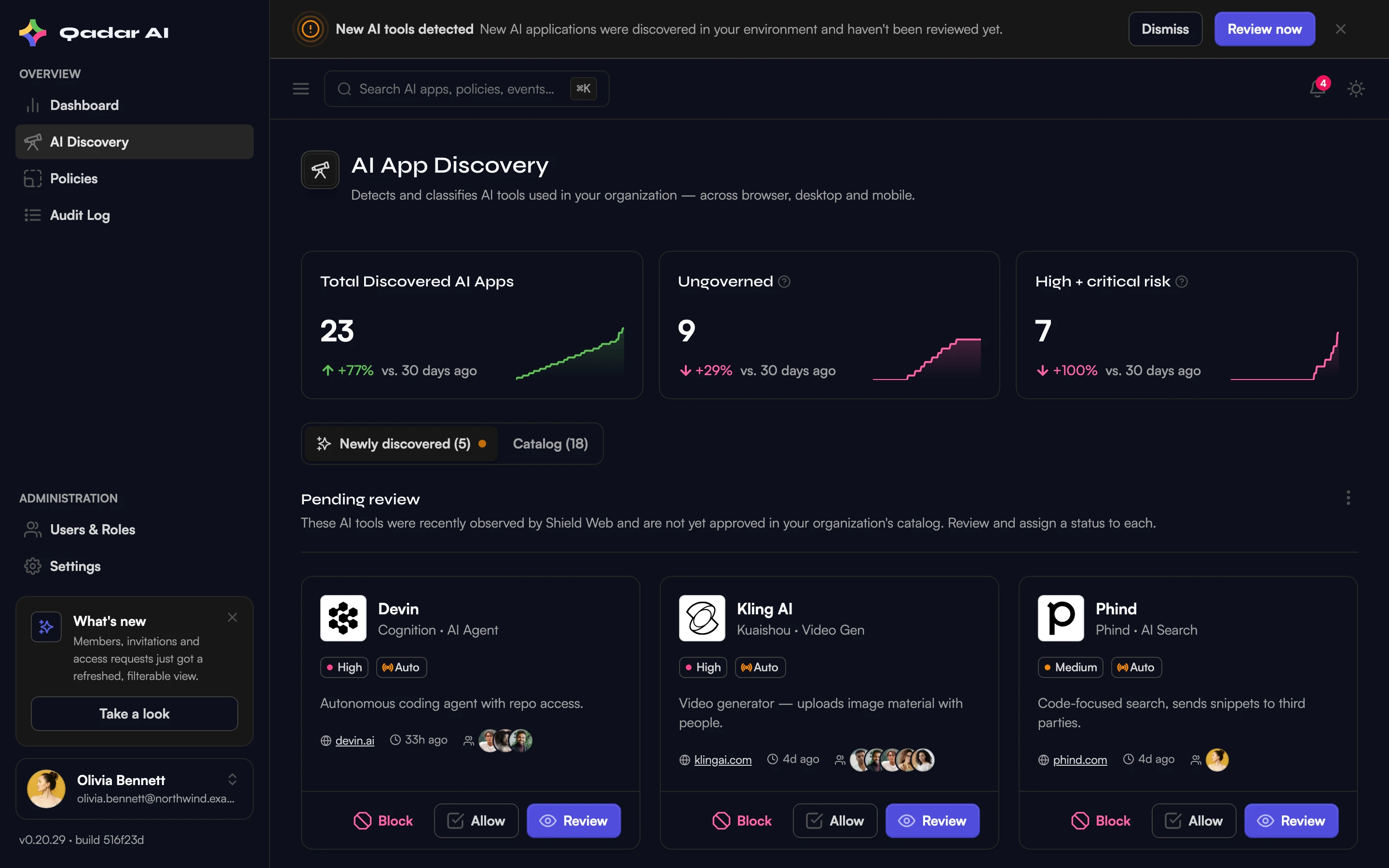 Shield Control Discovery-Ansicht mit neu erkannten AI-Tools