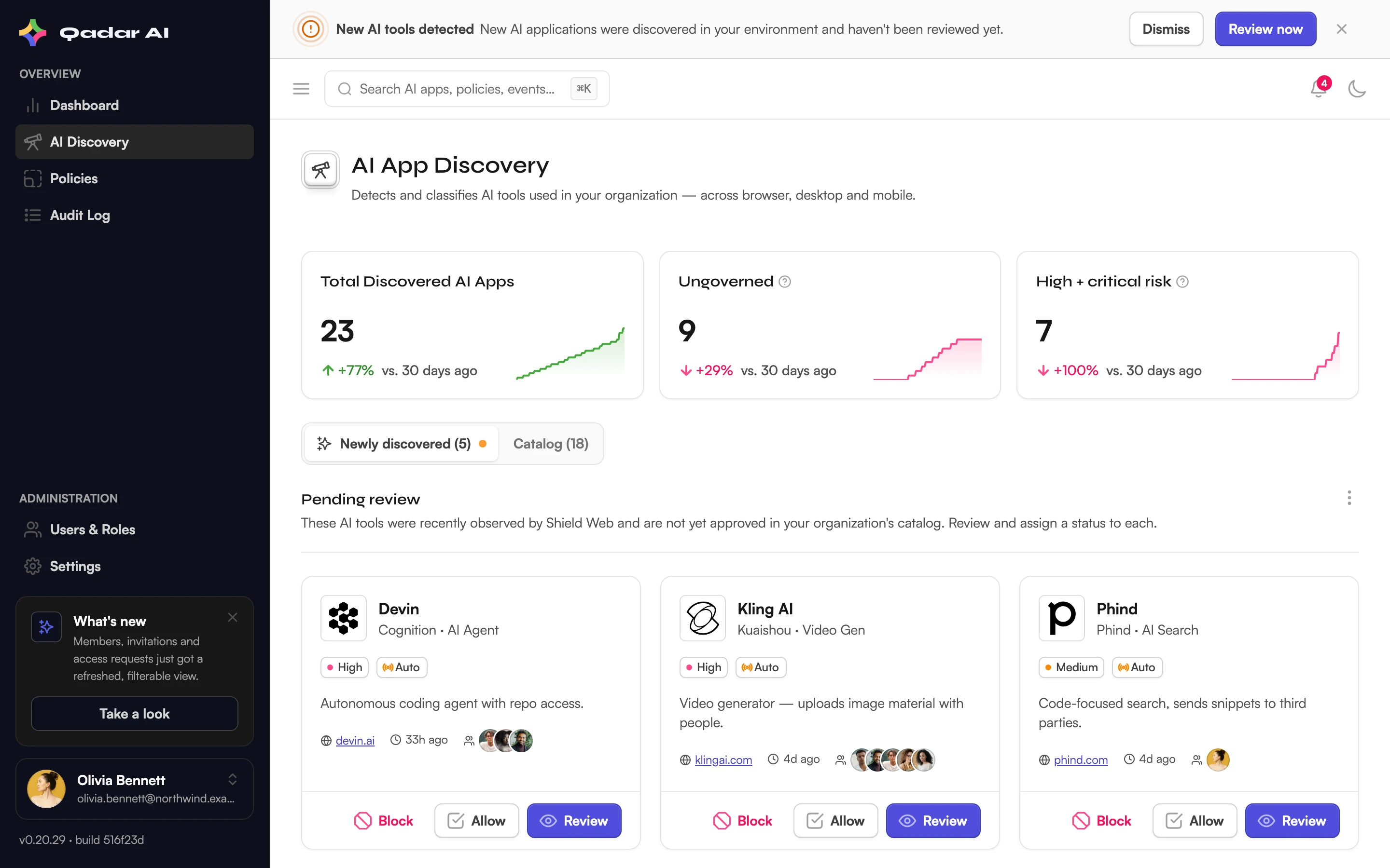 Shield Control Discovery-Ansicht mit neu erkannten AI-Tools