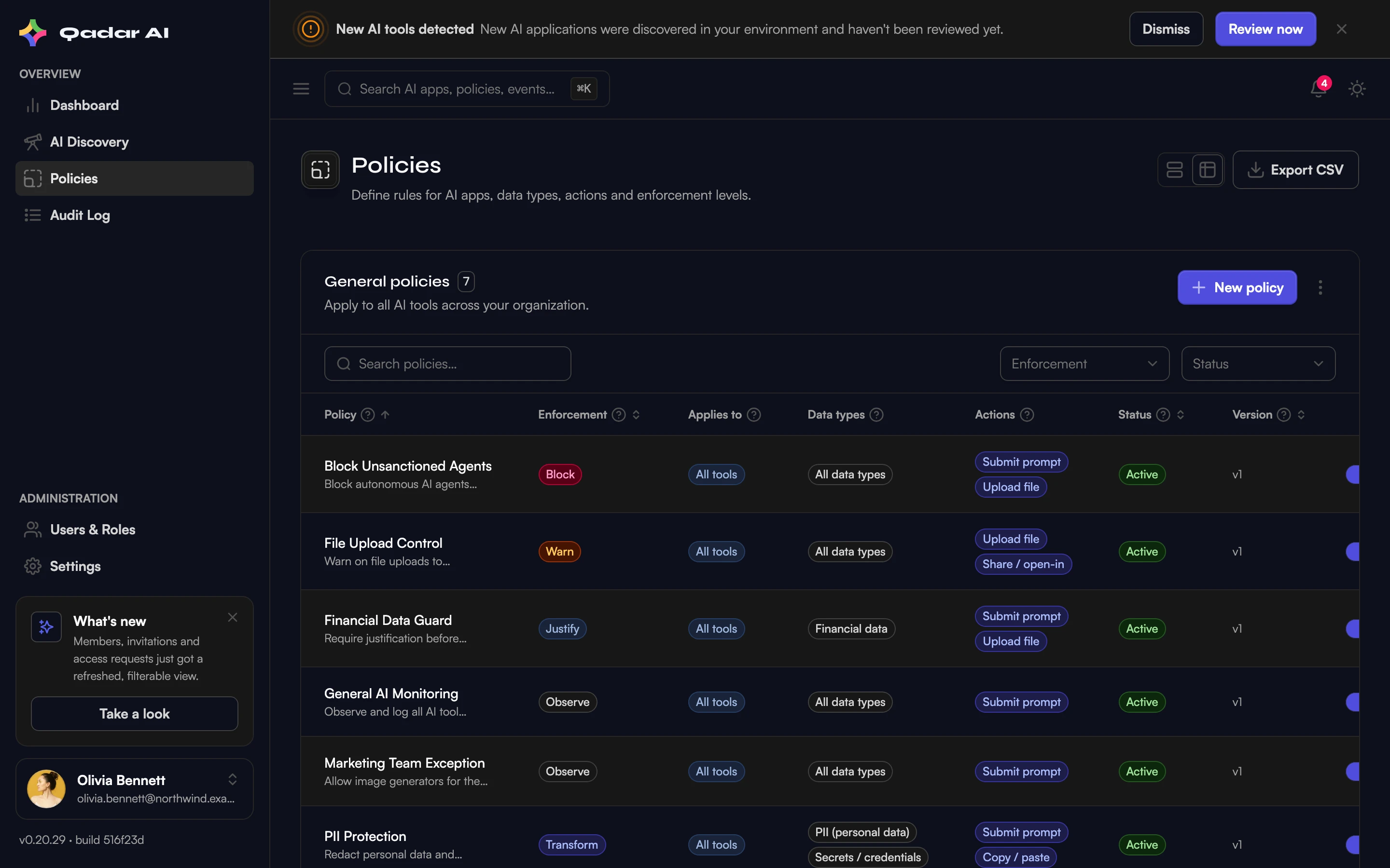 Shield Control Richtlinien-Tabelle mit Datenschutzregeln