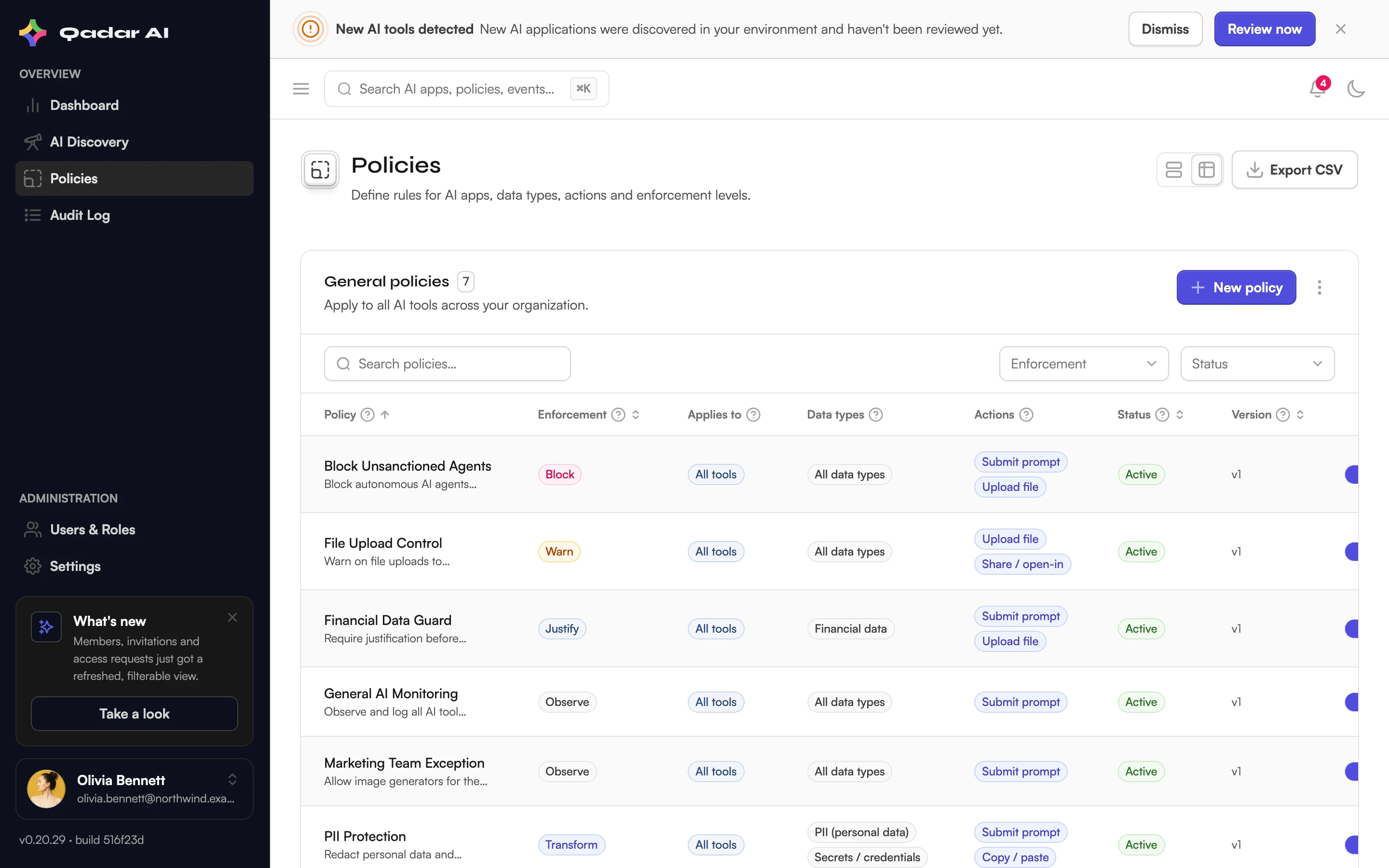 Shield Control Richtlinien-Tabelle mit Datenschutzregeln